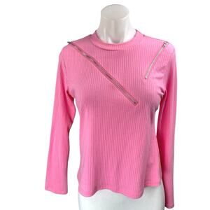 NEW Ma Cherie Pink Rib Knit Long Sleeve Aymmetric Zipper Cutout Sweater Top Sz L